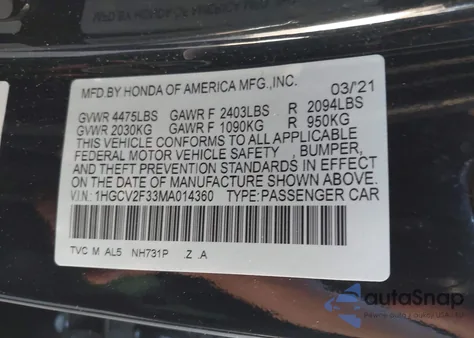 2021 Honda Accord Sport 2.0T z USA, uszkodzony, nr VIN 1HGCV2F33MA014360